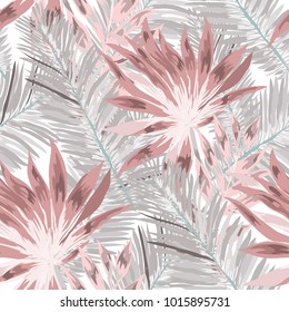 Watercolor seamless pattern with tropical leaves: palms, monstera, passion fruit. Beautiful allover print with hand drawn exotic plants. Swimwear botanical design. Vector.
