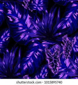 Watercolor seamless pattern with tropical leaves: palms, monstera, passion fruit. Beautiful allover print with hand drawn exotic plants. Swimwear botanical design. Vector.
