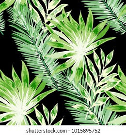 Watercolor seamless pattern with tropical leaves: palms, monstera, passion fruit. Beautiful allover print with hand drawn exotic plants. Swimwear botanical design. Vector.
