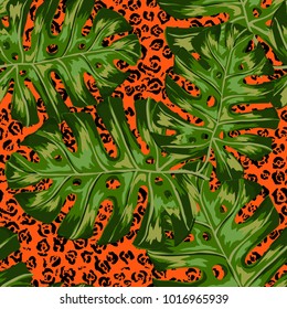 Watercolor seamless pattern with tropical leaves: palms, monstera, passion fruit. Beautiful allover print with hand drawn exotic plants. Swimwear botanical design. Vector.
