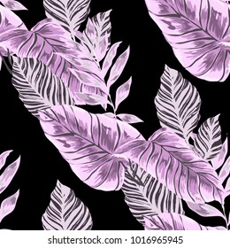 Watercolor seamless pattern with tropical leaves: palms, monstera, passion fruit. Beautiful allover print with hand drawn exotic plants. Swimwear botanical design. Vector.
