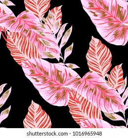 Watercolor seamless pattern with tropical leaves: palms, monstera, passion fruit. Beautiful allover print with hand drawn exotic plants. Swimwear botanical design. Vector.
