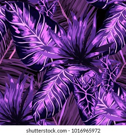 Watercolor seamless pattern with tropical leaves: palms, monstera, passion fruit. Beautiful allover print with hand drawn exotic plants. Swimwear botanical design. Vector.
