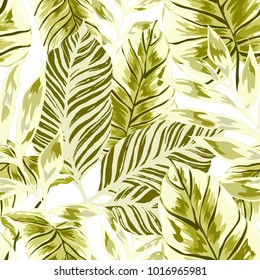 Watercolor seamless pattern with tropical leaves: palms, monstera, passion fruit. Beautiful allover print with hand drawn exotic plants. Swimwear botanical design. Vector.
