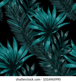 Watercolor seamless pattern with tropical leaves: palms, monstera, passion fruit. Beautiful allover print with hand drawn exotic plants. Swimwear botanical design. Vector.

