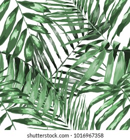 Watercolor seamless pattern with tropical leaves: palms, monstera, passion fruit. Beautiful allover print with hand drawn exotic plants. Swimwear botanical design. Vector.
