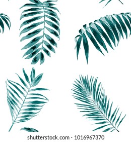 Watercolor seamless pattern with tropical leaves: palms, monstera, passion fruit. Beautiful allover print with hand drawn exotic plants. Swimwear botanical design. Vector.
