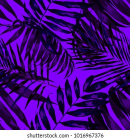 Watercolor seamless pattern with tropical leaves: palms, monstera, passion fruit. Beautiful allover print with hand drawn exotic plants. Swimwear botanical design. Vector.
