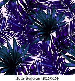 Watercolor seamless pattern with tropical leaves: palms, monstera, passion fruit. Beautiful allover print with hand drawn exotic plants. Swimwear botanical design. Vector.
