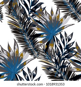 Watercolor seamless pattern with tropical leaves: palms, monstera, passion fruit. Beautiful allover print with hand drawn exotic plants. Swimwear botanical design. Vector.

