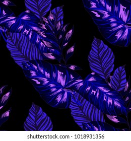 Watercolor seamless pattern with tropical leaves: palms, monstera, passion fruit. Beautiful allover print with hand drawn exotic plants. Swimwear botanical design. Vector.
