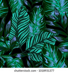 Watercolor seamless pattern with tropical leaves: palms, monstera, passion fruit. Beautiful allover print with hand drawn exotic plants. Swimwear botanical design. Vector.
