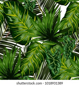 Watercolor seamless pattern with tropical leaves: palms, monstera, passion fruit. Beautiful allover print with hand drawn exotic plants. Swimwear botanical design. Vector.
