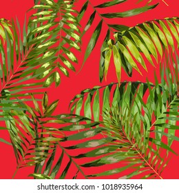 Watercolor seamless pattern with tropical leaves: palms, monstera, passion fruit. Beautiful allover print with hand drawn exotic plants. Swimwear botanical design. Vector.
