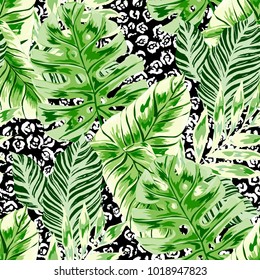 Watercolor seamless pattern with tropical leaves: palms, monstera, passion fruit. Beautiful allover print with hand drawn exotic plants. Swimwear botanical design. Vector.
