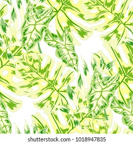 Watercolor seamless pattern with tropical leaves: palms, monstera, passion fruit. Beautiful allover print with hand drawn exotic plants. Swimwear botanical design. Vector.
