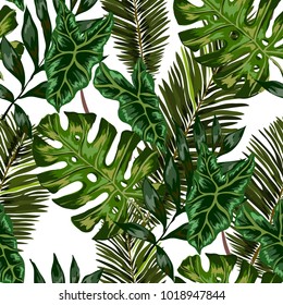 Watercolor seamless pattern with tropical leaves: palms, monstera, passion fruit. Beautiful allover print with hand drawn exotic plants. Swimwear botanical design. Vector.
