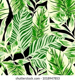 Watercolor seamless pattern with tropical leaves: palms, monstera, passion fruit. Beautiful allover print with hand drawn exotic plants. Swimwear botanical design. Vector.
