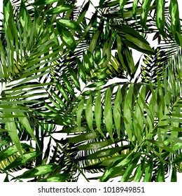 Watercolor seamless pattern with tropical leaves: palms, monstera, passion fruit. Beautiful allover print with hand drawn exotic plants. Swimwear botanical design. Vector.
