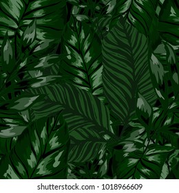 Watercolor seamless pattern with tropical leaves: palms, monstera, passion fruit. Beautiful allover print with hand drawn exotic plants. Swimwear botanical design. Vector.
