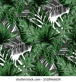 Watercolor seamless pattern with tropical leaves: palms, monstera, passion fruit. Beautiful allover print with hand drawn exotic plants. Swimwear botanical design. Vector.
