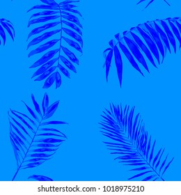 Watercolor seamless pattern with tropical leaves: palms, monstera, passion fruit. Beautiful allover print with hand drawn exotic plants. Swimwear botanical design. Vector.
