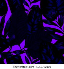 Watercolor seamless pattern with tropical leaves: palms, monstera, passion fruit. Beautiful allover print with hand drawn exotic plants. Swimwear botanical design. Vector.

