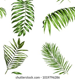Watercolor seamless pattern with tropical leaves: palms, monstera, passion fruit. Beautiful allover print with hand drawn exotic plants. Swimwear botanical design. Vector.

