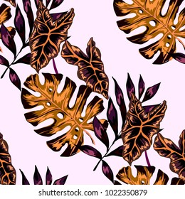 Watercolor seamless pattern with tropical leaves: palms, monstera, passion fruit. Beautiful allover print with hand drawn exotic plants. Swimwear botanical design. Vector.

