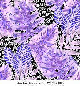 Watercolor seamless pattern with tropical leaves: palms, monstera, passion fruit. Beautiful allover print with hand drawn exotic plants. Swimwear botanical design. Vector.
