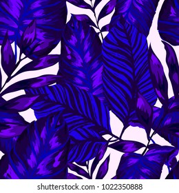 Watercolor seamless pattern with tropical leaves: palms, monstera, passion fruit. Beautiful allover print with hand drawn exotic plants. Swimwear botanical design. Vector.
