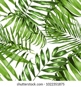 Watercolor seamless pattern with tropical leaves: palms, monstera, passion fruit. Beautiful allover print with hand drawn exotic plants. Swimwear botanical design. Vector.
