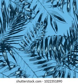 Watercolor seamless pattern with tropical leaves: palms, monstera, passion fruit. Beautiful allover print with hand drawn exotic plants. Swimwear botanical design. Vector.
