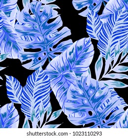 Watercolor seamless pattern with tropical leaves: palms, monstera, passion fruit. Beautiful allover print with hand drawn exotic plants. Swimwear botanical design. Vector.
