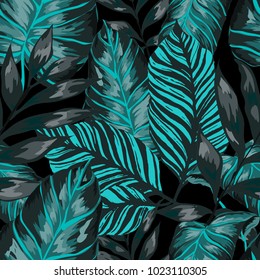 Watercolor seamless pattern with tropical leaves: palms, monstera, passion fruit. Beautiful allover print with hand drawn exotic plants. Swimwear botanical design. Vector.
