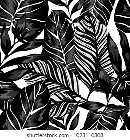 Watercolor seamless pattern with tropical leaves: palms, monstera, passion fruit. Beautiful allover print with hand drawn exotic plants. Swimwear botanical design. Vector.
