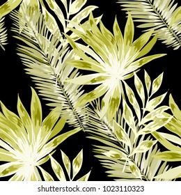 Watercolor seamless pattern with tropical leaves: palms, monstera, passion fruit. Beautiful allover print with hand drawn exotic plants. Swimwear botanical design. Vector.
