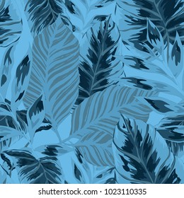 Watercolor seamless pattern with tropical leaves: palms, monstera, passion fruit. Beautiful allover print with hand drawn exotic plants. Swimwear botanical design. Vector.
