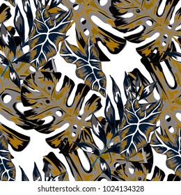 Watercolor seamless pattern with tropical leaves: palms, monstera, passion fruit. Beautiful allover print with hand drawn exotic plants. Swimwear botanical design. Vector.
