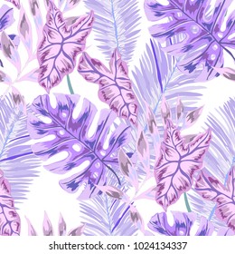 Watercolor seamless pattern with tropical leaves: palms, monstera, passion fruit. Beautiful allover print with hand drawn exotic plants. Swimwear botanical design. Vector.
