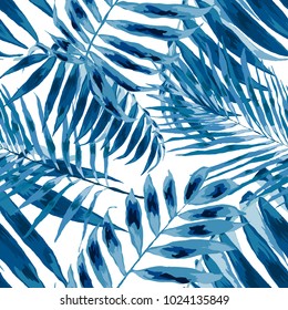 Watercolor seamless pattern with tropical leaves: palms, monstera, passion fruit. Beautiful allover print with hand drawn exotic plants. Swimwear botanical design. Vector.
