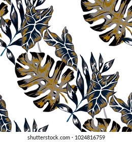 Watercolor seamless pattern with tropical leaves: palms, monstera, passion fruit. Beautiful allover print with hand drawn exotic plants. Swimwear botanical design. Vector.
