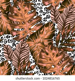 Watercolor seamless pattern with tropical leaves: palms, monstera, passion fruit. Beautiful allover print with hand drawn exotic plants. Swimwear botanical design. Vector.
