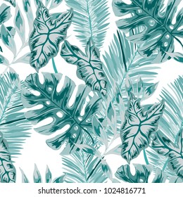 Watercolor seamless pattern with tropical leaves: palms, monstera, passion fruit. Beautiful allover print with hand drawn exotic plants. Swimwear botanical design. Vector.
