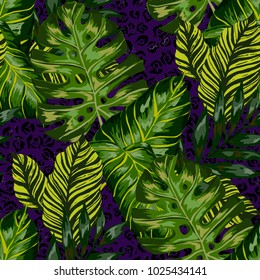 Watercolor seamless pattern with tropical leaves: palms, monstera, passion fruit. Beautiful allover print with hand drawn exotic plants. Swimwear botanical design. Vector.
