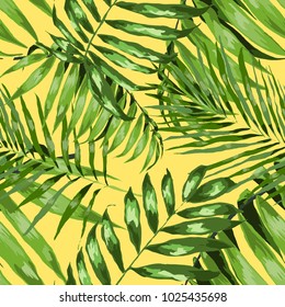 Watercolor seamless pattern with tropical leaves: palms, monstera, passion fruit. Beautiful allover print with hand drawn exotic plants. Swimwear botanical design. Vector.
