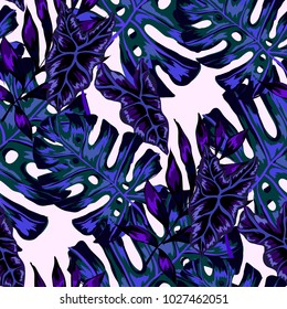 Watercolor seamless pattern with tropical leaves: palms, monstera, passion fruit. Beautiful allover print with hand drawn exotic plants. Swimwear botanical design. Vector.
