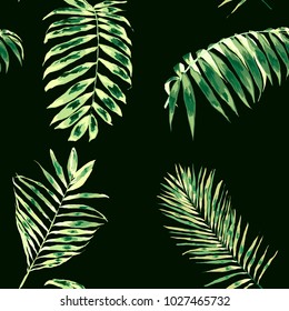 Watercolor seamless pattern with tropical leaves: palms, monstera, passion fruit. Beautiful allover print with hand drawn exotic plants. Swimwear botanical design. Vector.
