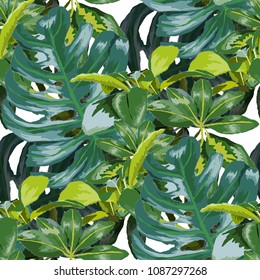 Watercolor seamless pattern with tropical leaves: palms, monstera, passion fruit. Beautiful allover print with hand drawn exotic plants. Swimwear botanical design. Vector.
