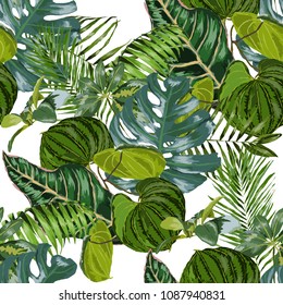 Watercolor seamless pattern with tropical leaves: palms, monstera, passion fruit. Beautiful allover print with hand drawn exotic plants. Swimwear botanical design. Vector.
